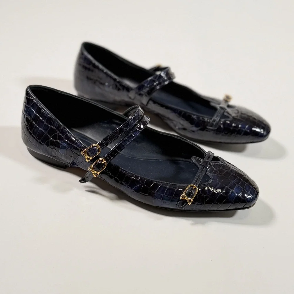 Sarah Flint Navy Croc Embossed Leather Mary Jane Flat 39.5 US 9 Old Money Luxury